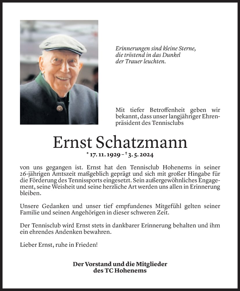 Ableben unsere Ehrenpräsidenten Ernst Schatzmann